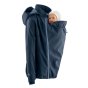 Mamalila Softshell Navy Babywearing & Maternity Allrounder Jacket worn with a baby on the front of the backet on a white background