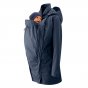 Mamalila Dublin Babywearing Rain Coat in Navy. A maternity and babycarrying hooded rain coat in navy blue. Front view, with baby carrying insert at front and baby folded away. White background