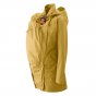 Mamalila Dublin Babywearing Rain Coat in Mustard. A sustainably made babywearing rain coat in mustard yellow. Side view, with baby carrying  insert at front and baby hood up. White background. 
