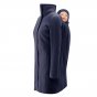 Mamalila Eco Wool Oslo Babywearing Coat in Navy. A navy blue organic boiled wool winter babywearing coat. Side view, collar up, with baby wearing insert on back. White background.  