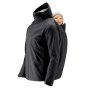 Mens Mamalila allrounder babywearing jacket in black with a baby in the back pouch on a white background