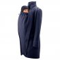 Mamalila Eco Wool Oslo Babywearing Coat in Navy. A navy blue organic boiled wool winter babywearing coat. Side view, collar up, with baby wearing insert on front. White background.  
