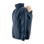 Mamalila Softshell Navy Babywearing & Maternity Allrounder Jacket worn with the babywearing panel at the back with a baby on a white background