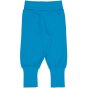 Maxomorra childrens organic cotton rib pants in azure blue laid out on a white background