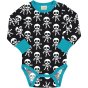 Black Maxomorra Classic Skeleton Organic Cotton Long Sleeve Body with white skeletons all over and blue trim on a white background