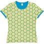 green organic cotton women's fit short sleeve top with the daisy print and blue trim from maxomorra