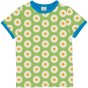 green short sleeve children top with the daisy print and blue trim from maxomorra