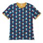 navy blue organic cotton men's fit t-shirt with the dodo print and yellow trim from maxomorra