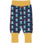navy blue organic cotton rib pants with the dodo print and yellow extendable waist and cuffs from maxomorra