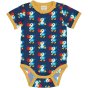 navy blue organic cotton short sleeve body with the dodo print and yellow trim from maxomorra