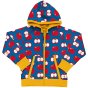 Maxomorra reversible, organic zip up hoodie for toddlers and children has a repeat apple pattern with a blue background and contrasting yellow trim. On White background