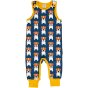 Maxomorra Farm dog print dungarees / playsuit, with navy base colour, white and orange farm dog repeat pattern and contrasting yellow ribbed bindings. Laid on a white background