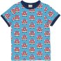 blue short sleeve children top with the fire truck print and navy trim from maxomorra