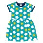 Maxomorra organic cotton kids classic short sleeve spin dress in the sky colour laid out on a white background