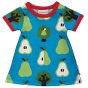 Maxomorra organic cotton short sleeve dolls dress in the pear print laid out on a white background