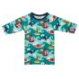 Maxomorra kids eco-friendly tropical ocean swimming top laid out on a white background