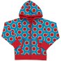 blue organic cotton children reversible zip hoodie with the watermelon print on one side and solid red on reverse side from maxomorra