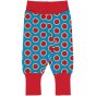 blue organic cotton rib pants with the watermelon print and red extendable waist and cuffs from maxomorra