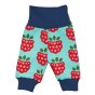 Maxomorra Raspberry Organic Doll Rib Pants, dark blue contrasting cuffs, light blue background, with red and pink raspberries, green leaves. White picture background
