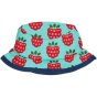 Maxomorra Raspberry Organic sun hat, dark blue contrasting piping, light blue background, with red and pink raspberries, green leaves. White picture background
