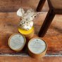 Two tubs of Oakdale Bees natural beeswax wood polishing balm on a wooden floor next to a wooden chair