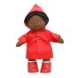 Olli Ella dinkum doll toy stood on a white background wearing the red rainy play set 