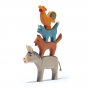 Ostheimer Town Musicians of Bremer, 4 wooden animal toy set stacked on top of each other on a white background