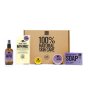 Our Tiny Bees lavender Large Skincare Gift Set with bottled oil, bath melts, lip balm, skin balm and soap on white background