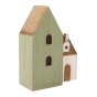 Close up of a green house from the Papoose wooden toy town houses play set on a white background