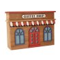 Close up of the Papoose childrens handmade wooden toy coffee shop on a white background