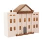 Close up of the Papoose childrens handmade wooden toy court house on a white background