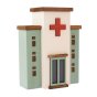 Close up of the Papoose childrens handmade wooden toy hospital on a white background
