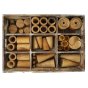 Top view of the Papoose plastic free wooden tinker tray waldorf toy set on a white background