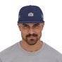 Patagonia Line Logo Ridge Stripe Funfarer Cap in New Navy worn by a person wearing a grey top on a white background