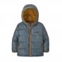 Patagonia childrens waterproof thermal hoody in plume grey on a white background
