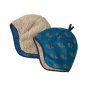 Patagonia reversible winter beanie in the dancing whales crater blue colour showing the outside and inside on a white background