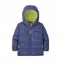 Patagonia baby current blue hi-loft waterproof winter sweater hoody on a white background