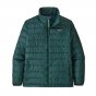 Patagonia eco-friendly recycled polyester down sweater in the northern green colour on a white background