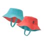 2 Patagonia childrens organic cotton bucket sun hats in the coral colour on a white background