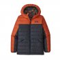 Patagonia eco-friendly childrens orange recycled polyester down sweater hoody on a white background
