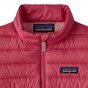 Close up of the zip on a Patagonia recycled polyester down sweater insulated kids coat on a white background