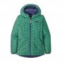 Patagonia childrens reversible green flowery rain coat on a white background