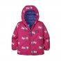 Patagonia childrens recycled polyester winter down sweater hoody in mythic pink on a white background