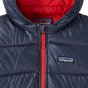 Close up of the zip on a Patagonia eco-friendly childrens waterproof thermal winter coat on a white background