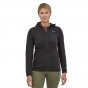 Woman stood wearing the Patagonia recycled polyester black full zip air hoody on a white background