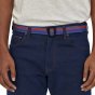 Close up of a man's jeans on a white background, showing the Patagonia eco-friendly fitz roy black friction belt