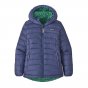 Girls patagonia eco-friendly reversible waterproof jacket on a white background