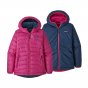 Patagonia childrens girls reversible down sweater hoody in mystic pink colour on a white background