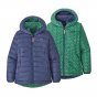 Patagonia girls reversible down sweater hoody in current blue on a white background
