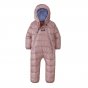 Patagonia recycled polyester thermal baby suit in fuzzy mauve on a white background